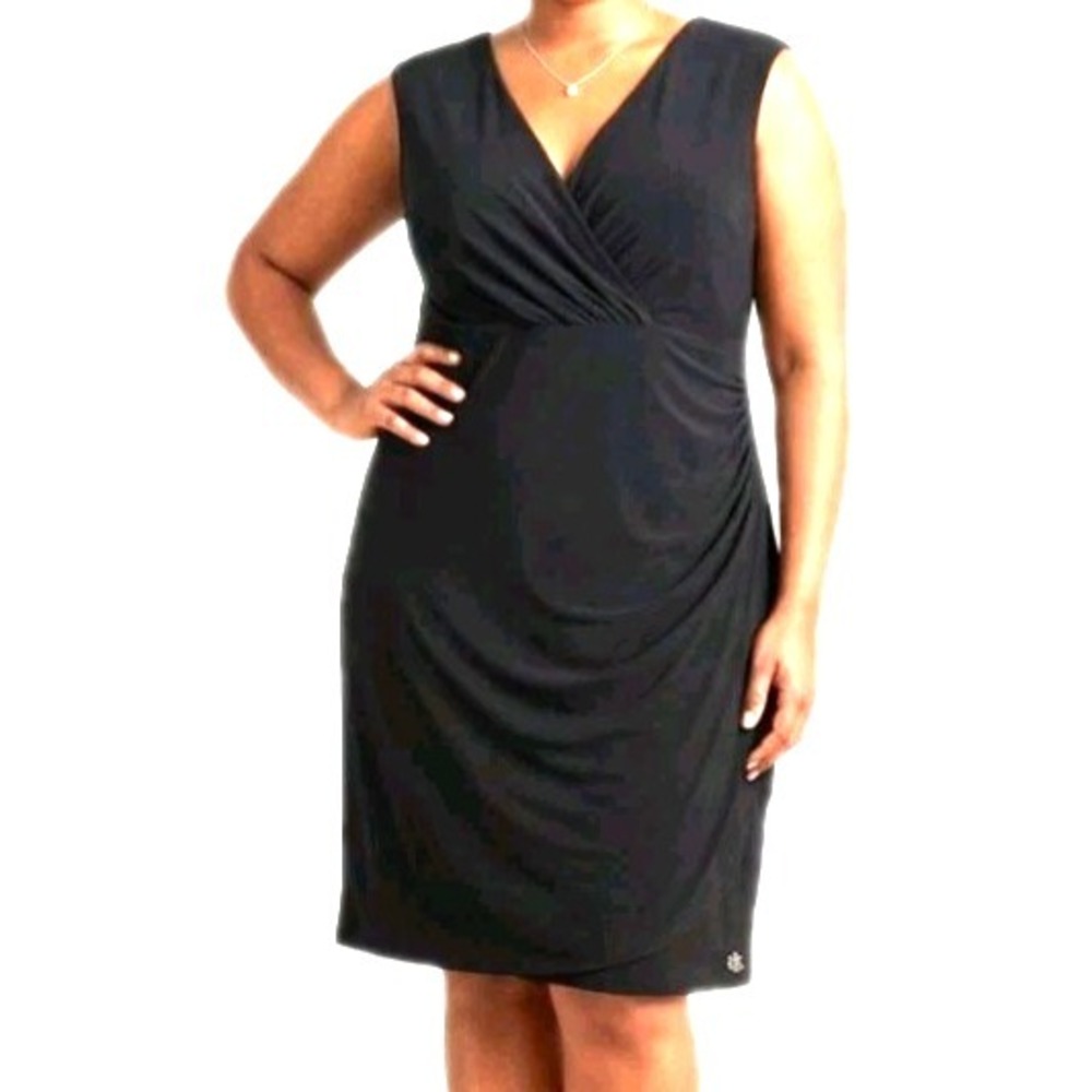 Lauren Ralph Lauren Faux-Wrap Sheath Dress Womens Plus Size 22W Black Sleeveless